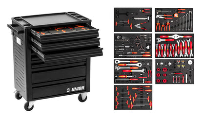 Unior Professional Mechanic Tool Carriage cabinet with open drawers, alongside seven inset trays of bicycle tools
