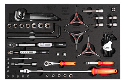 Unior 1600SOS23 bicycle tool tray with hex and Torx key sets, sockets, digital torque wrenches, Y-wrenches and ratchets
