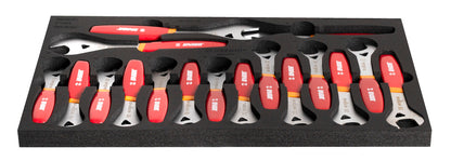 Unior 1600SOS24 cone wrench tray, angled view — 23 single-sided 1617/2DP-US cone wrenches from 13 to 36 mm in the foam insert