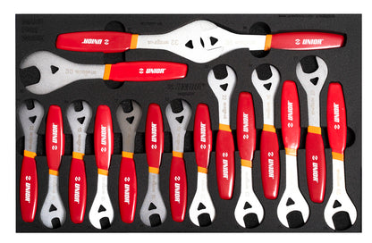 Unior 1600SOS24 cone wrench tool tray with red-handled hub cone spanners in graduated sizes for bicycle wheel servicing