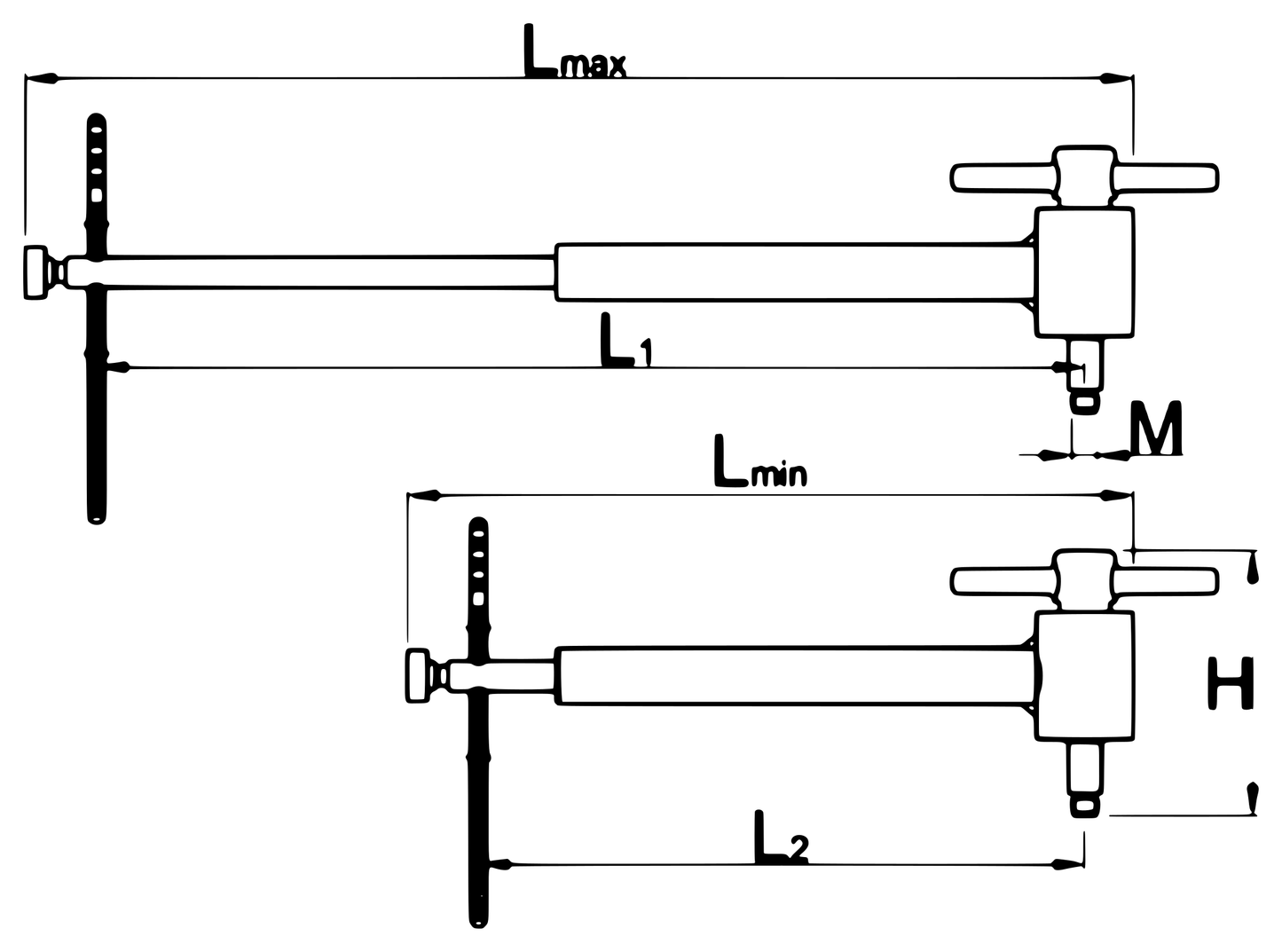 Hanger Genie 2.0 hanger alignment tool 1602/5 dimension line drawing, extended and folded views with Lmax, L1, Lmin, L2, H and M10x1 thread callouts