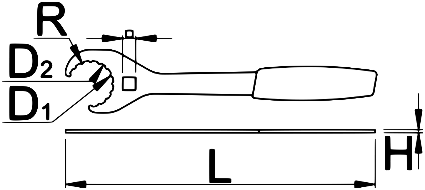 Unior 1609/2HOBBY-US open 16-notch bottom bracket wrench dimension drawing with D1, D2, R, L and H callouts