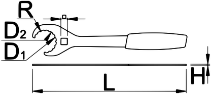 Unior 1609/2HOBBY-US open 16-notch bottom bracket wrench dimension drawing with D1, D2, R, L and H callouts