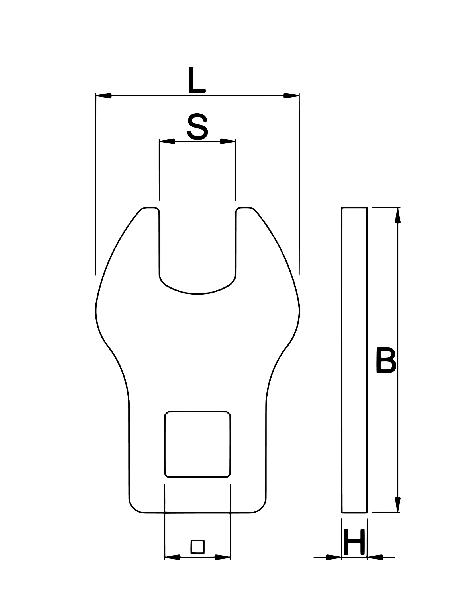 Unior 1613/2CF crowfoot pedal wrench dimension drawing: 15 mm opening, 40 mm head width, 60 mm overall length, 5 mm thickness, 1/2-inch square drive