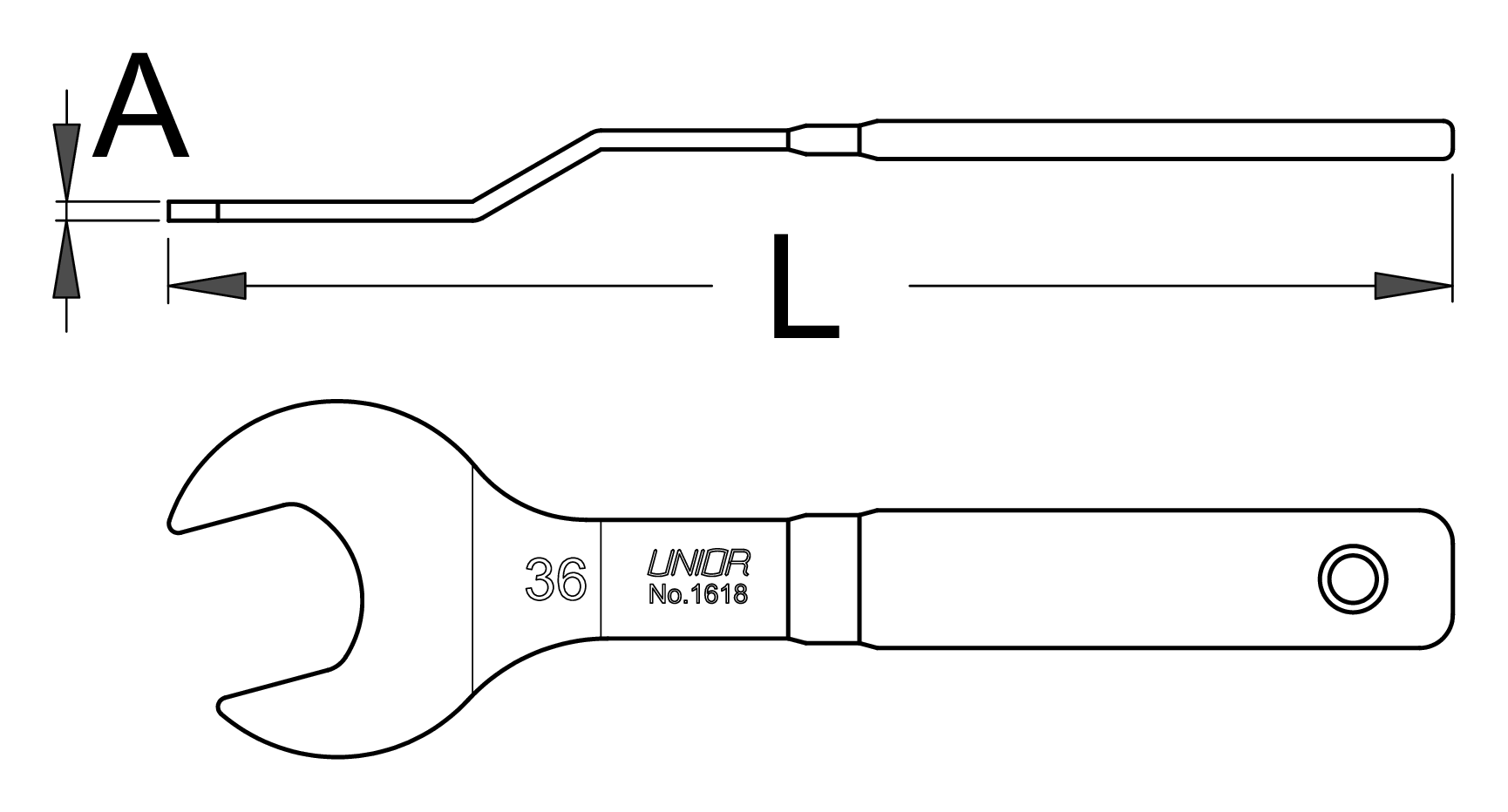 Unior 1618/2DP-US offset cone wrench dimension drawing: 36 mm jaw, side profile showing the offset handle with L 270 mm and A 4 mm callouts