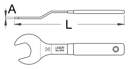 Unior 1618/2DP-US offset cone wrench dimension drawing: 36 mm jaw, side profile showing the offset handle with L 270 mm and A 4 mm callouts
