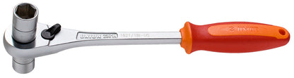 Unior Ratchet Wrench 1621/1BI-US side profile, chrome ratchet head with reversing lever and orange-red ergonomic grip