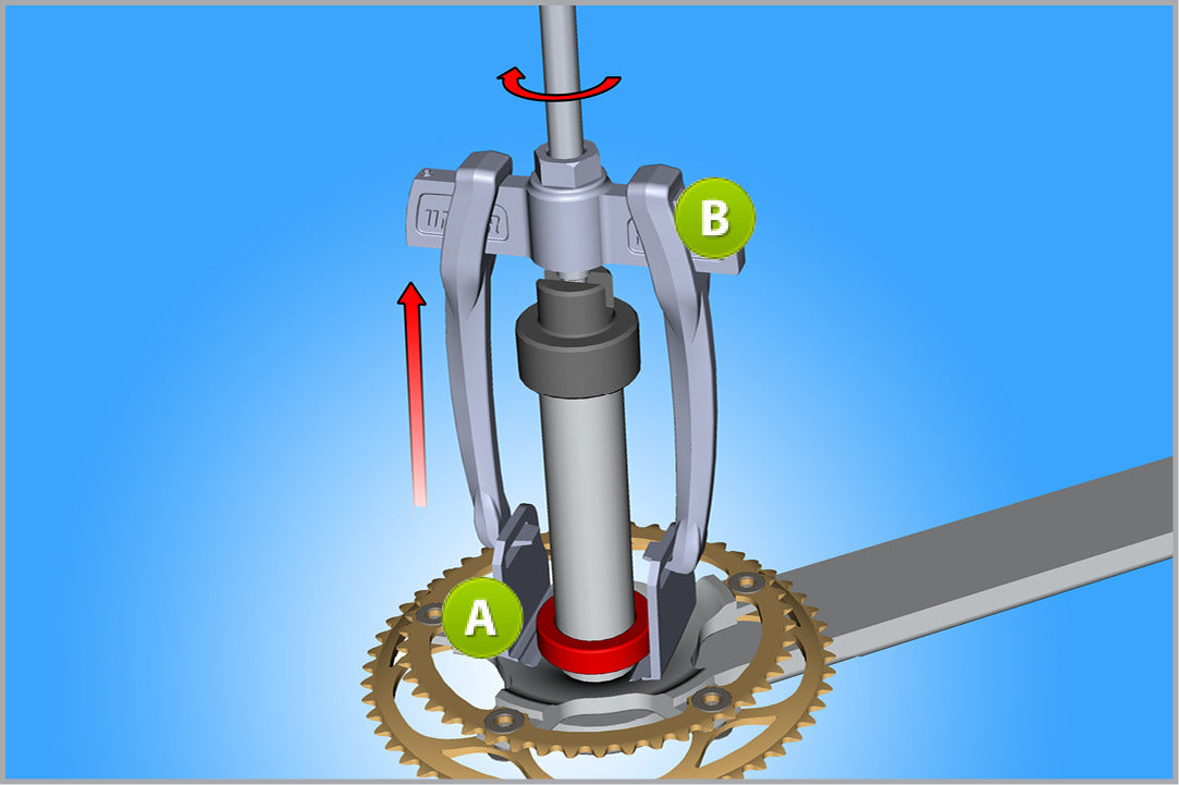 Unior 1626A removing the pressed bearing from a Campagnolo crank with the universal puller and bearing removal extension