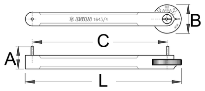 Technical line drawing of the Unior 1643/4 Pro Chain Wear Indicator with dimension callouts and the 0–1.2 percent dial face