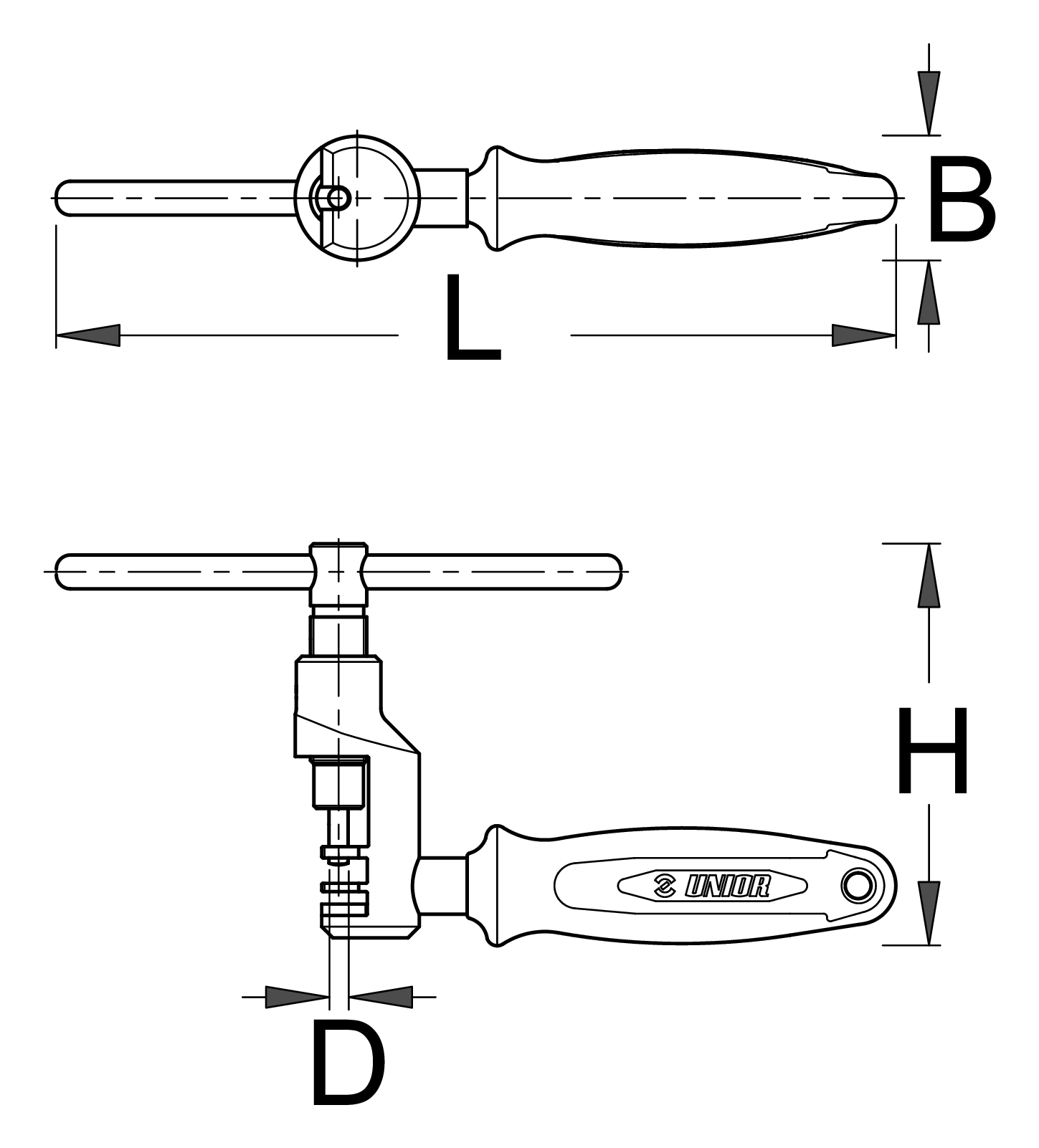 Unior 1647/2ABI Pro Chain Tool dimensional line drawing, two views with length, width, height and 3.4 mm pin diameter callouts