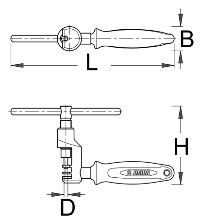 Unior 1647/2ABI Pro Chain Tool dimensional line drawing, two views with length, width, height and 3.4 mm pin diameter callouts