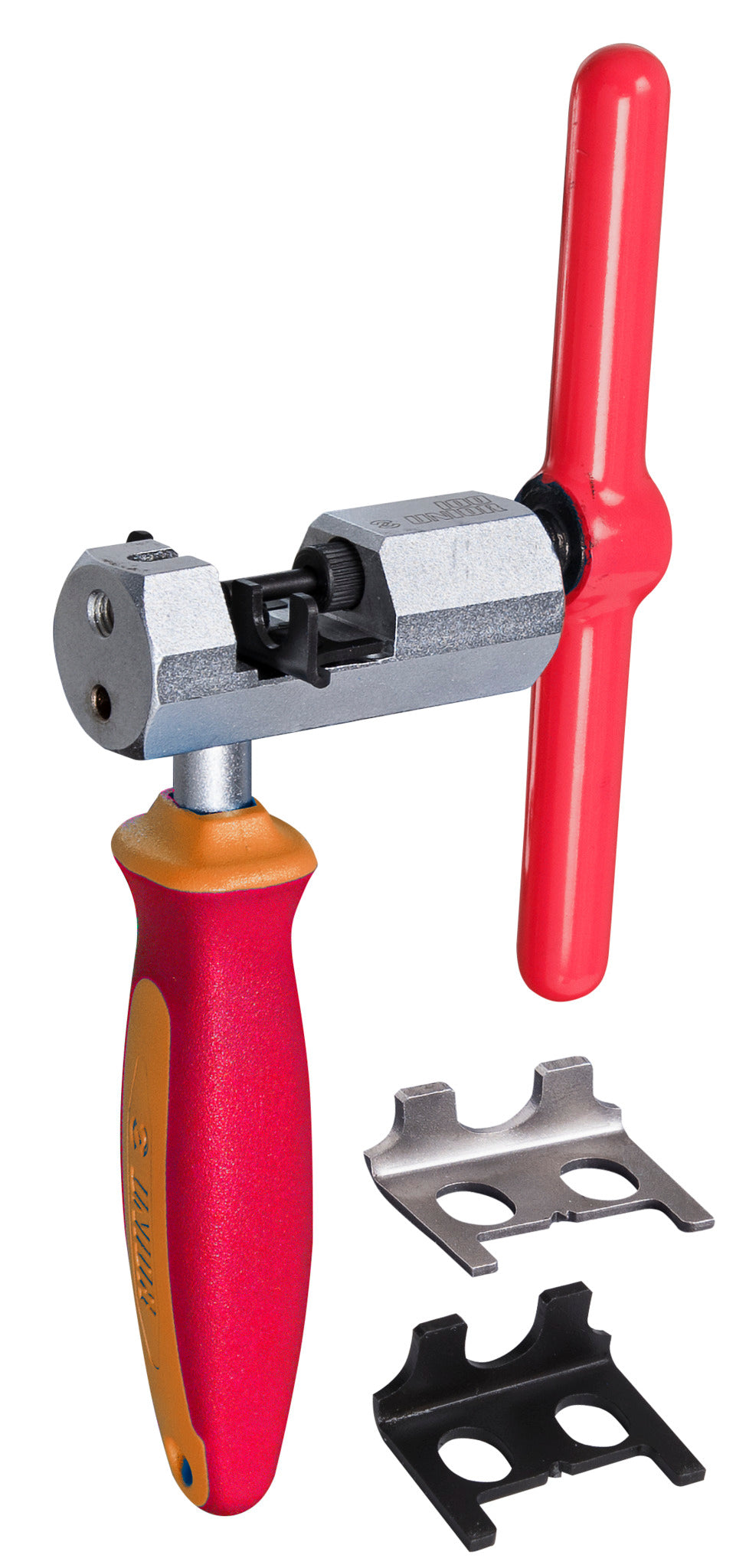 Unior Master Chain Tool 1647/2BBI-US with red T-handle and two interchangeable floating chain supports, silver standard and black SRAM AXS flat-top
