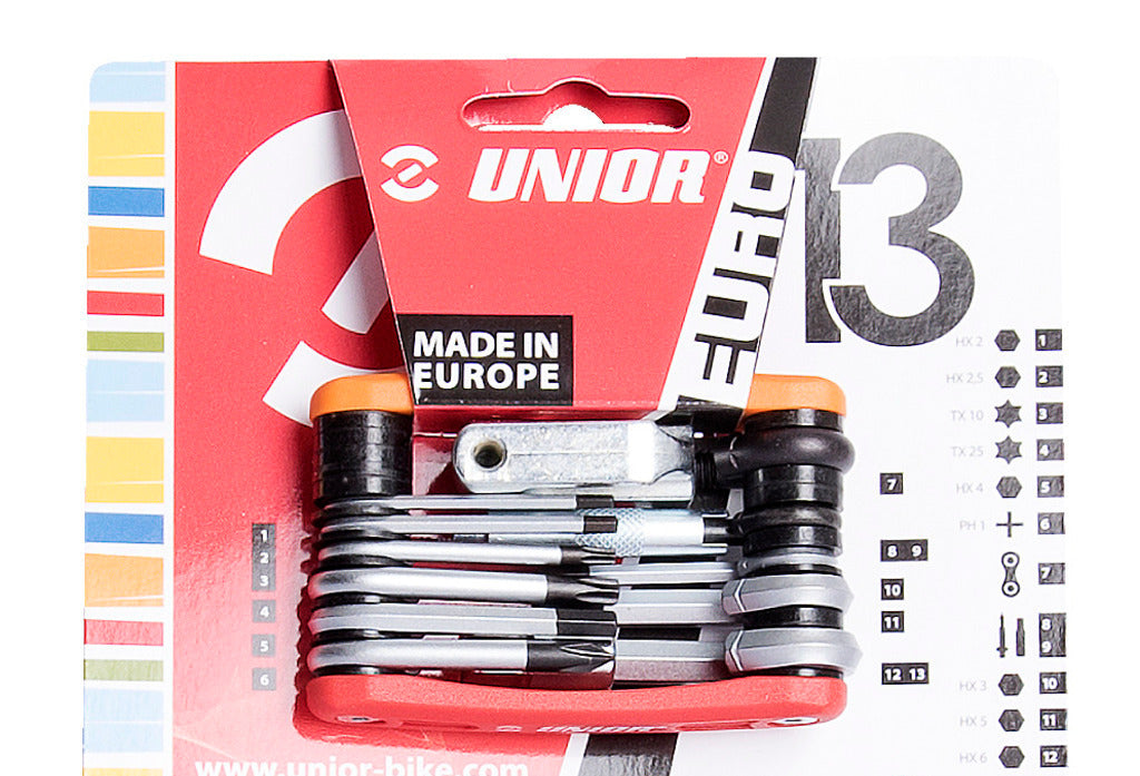 Unior Multitool EURO13 1655EURO13-US on official US-red blister card, numbered function key for hex, T10, T25, PH1, valve tools and chain tool