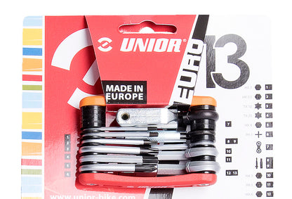 Unior Multitool EURO13 1655EURO13-US on official US-red blister card, numbered function key for hex, T10, T25, PH1, valve tools and chain tool