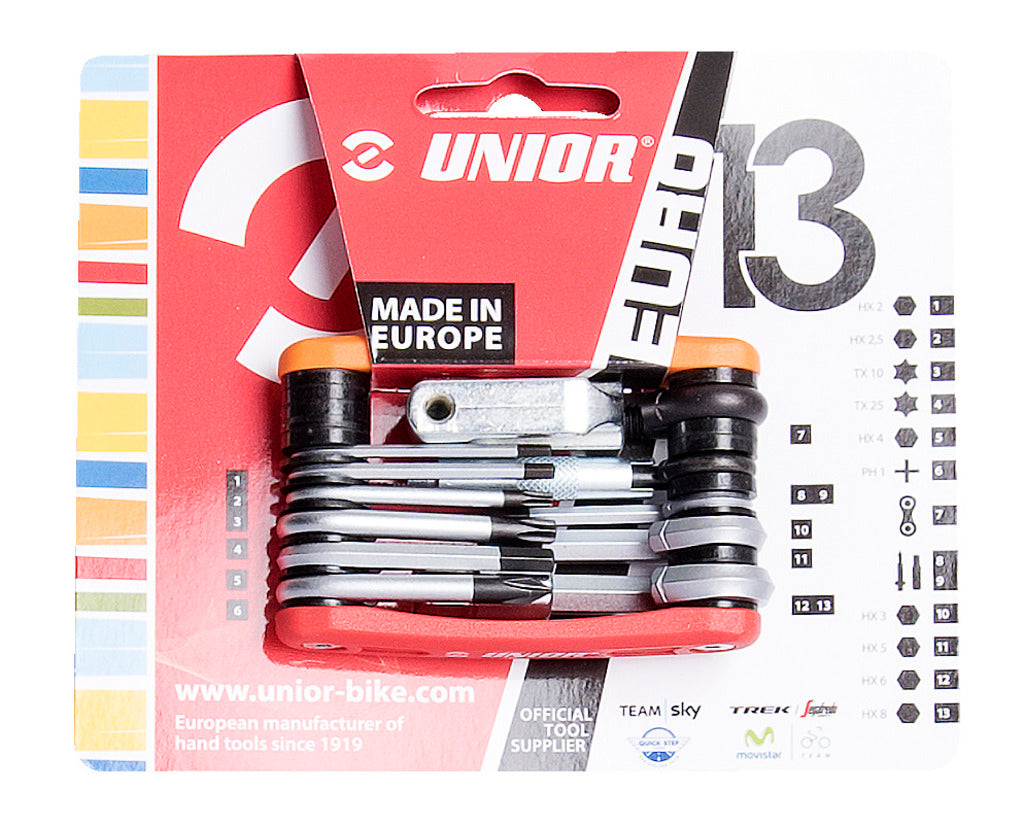 Unior Multitool EURO13 1655EURO13-US on official US-red blister card, numbered function key for hex 2-8 mm, T10, T25, PH1, valve tools and chain tool