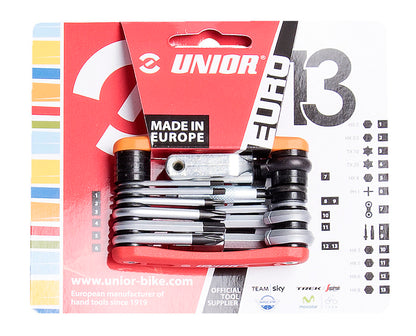 Unior Multitool EURO13 1655EURO13-US on official US-red blister card, numbered function key for hex 2-8 mm, T10, T25, PH1, valve tools and chain tool