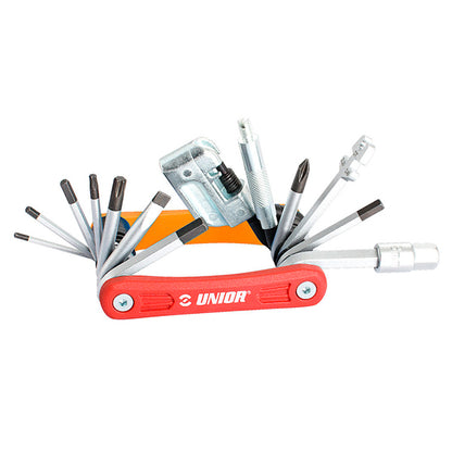 Unior Multitool EURO17, folding 17-function bicycle multitool with chain breaker, allen keys, and Torx bits