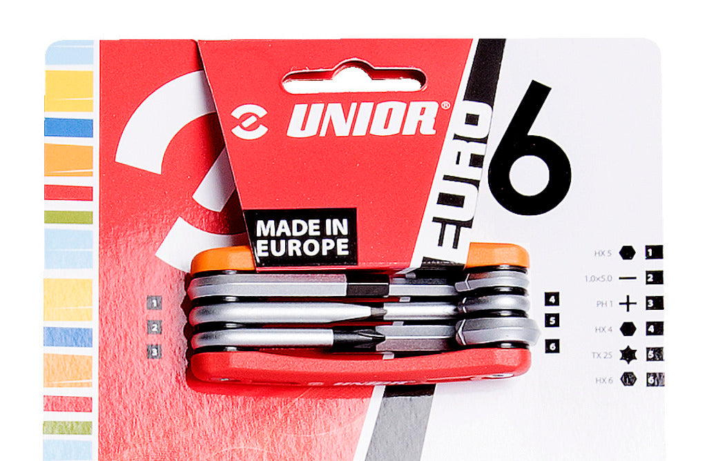 Unior Multitool EURO6 1655EURO6-US in its US blister card, with a numbered key to the six bits: 4, 5 and 6 mm hex, T25, PH1 and 1.0 × 5.0 mm flat