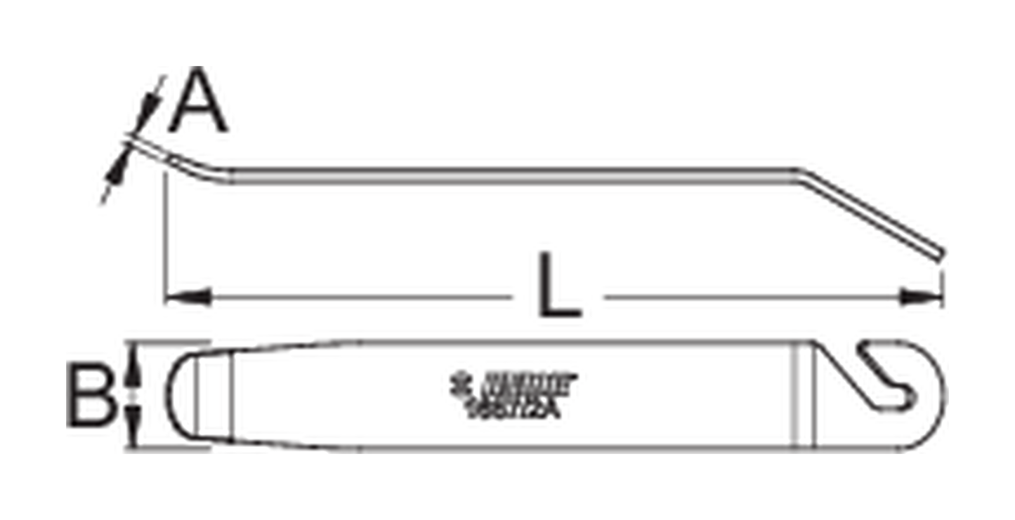 Unior 1657/2A metal tire lever dimension drawing, side and plan views with callouts A thickness, L length, B width