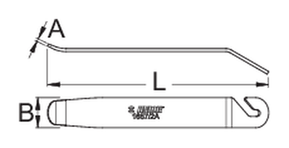 Unior 1657/2A metal tire lever dimension drawing, side and plan views with callouts A thickness, L length, B width