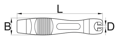 Unior 1657 tire lever dimension drawing, side view with length (L), body width (B) and spoke-hook slot depth (D) callouts