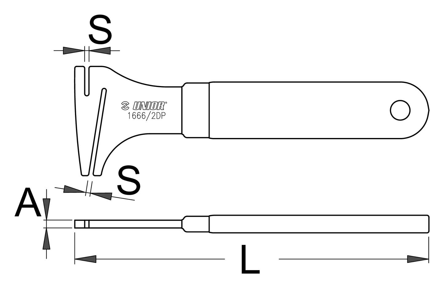 Unior 1666/2DP rotor truing fork dimensioned line drawing: 2.2 mm slot width, 4 mm body thickness, 183 mm overall length