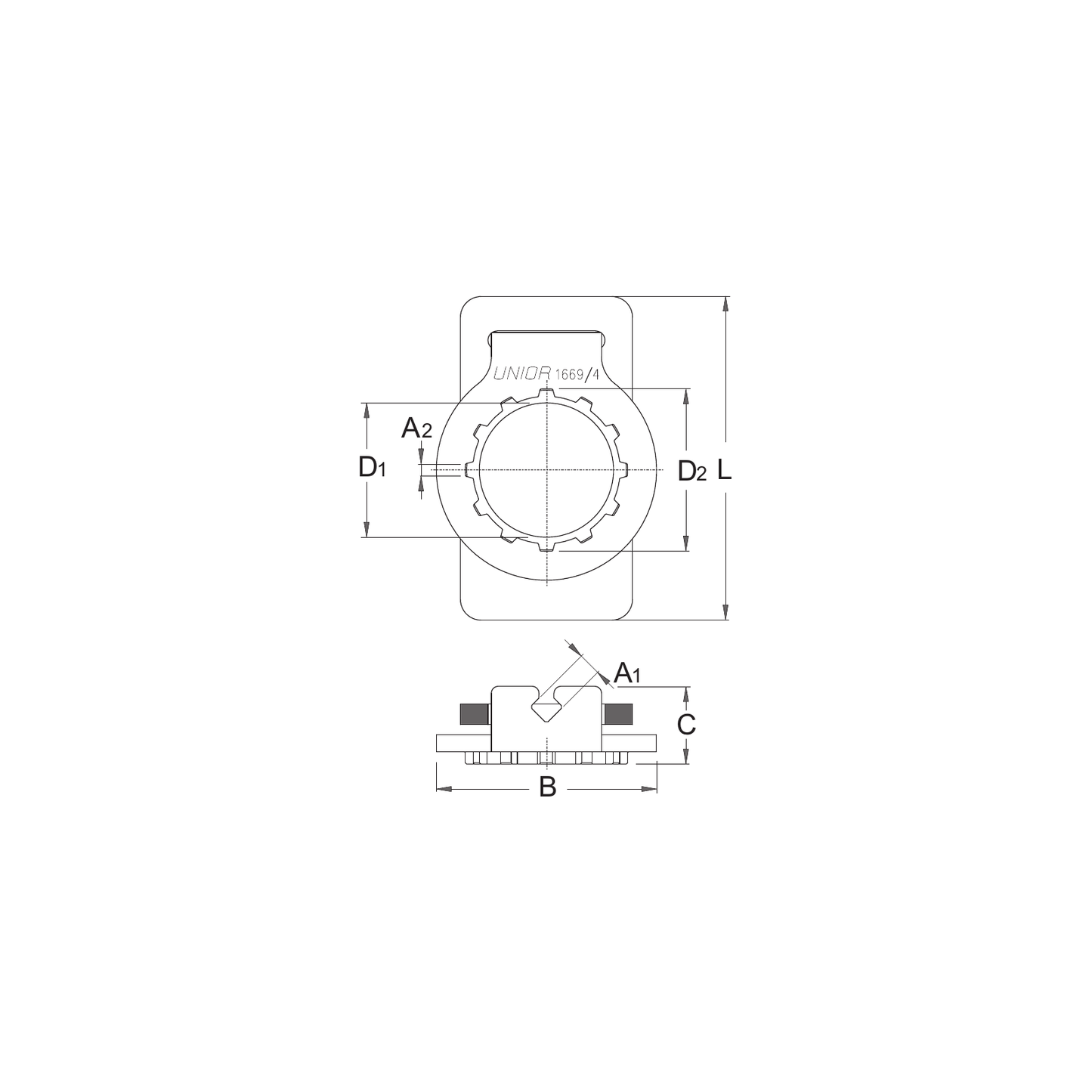 Dimensioned line drawing of the Unior 1669/4 pocket cassette lockring tool showing the Shimano/SRAM HG 12-spline lockring interface and integrated spoke-wrench slot