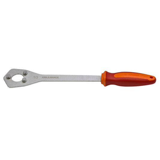 Unior 1670/2BI-AXS-US cassette wrench shown full length: three-pin head, bar etched 10 AXS X-RANGE, red and orange handle