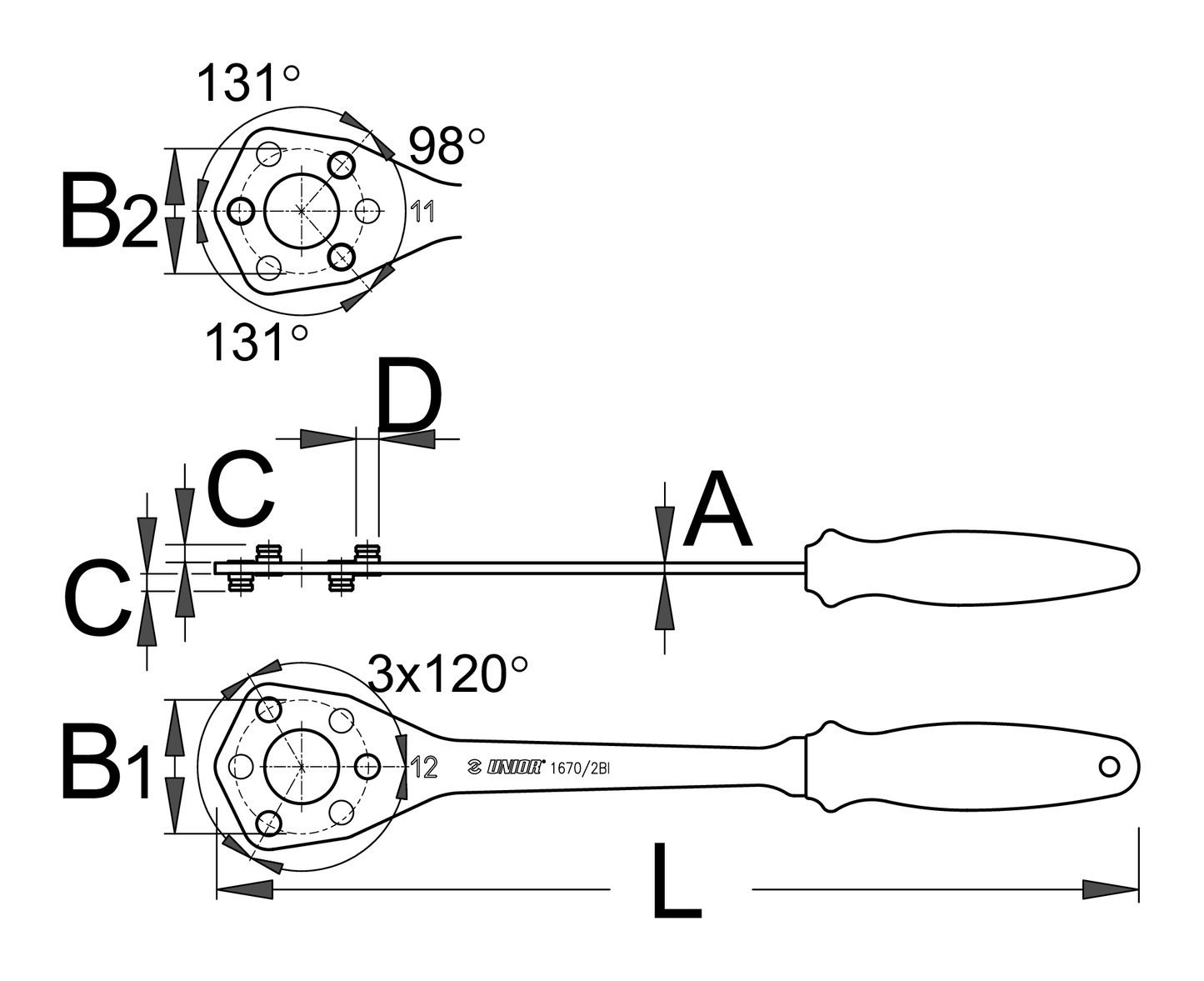 Unior 1670/2BI cassette wrench dimension line drawing - both 11t and 12t three-pin heads with 3x120 degree pin spacing and overall length callout
