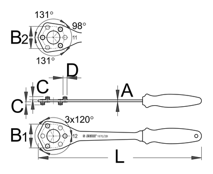 Unior 1670/2BI cassette wrench dimension line drawing - both 11t and 12t three-pin heads with 3x120 degree pin spacing and overall length callout