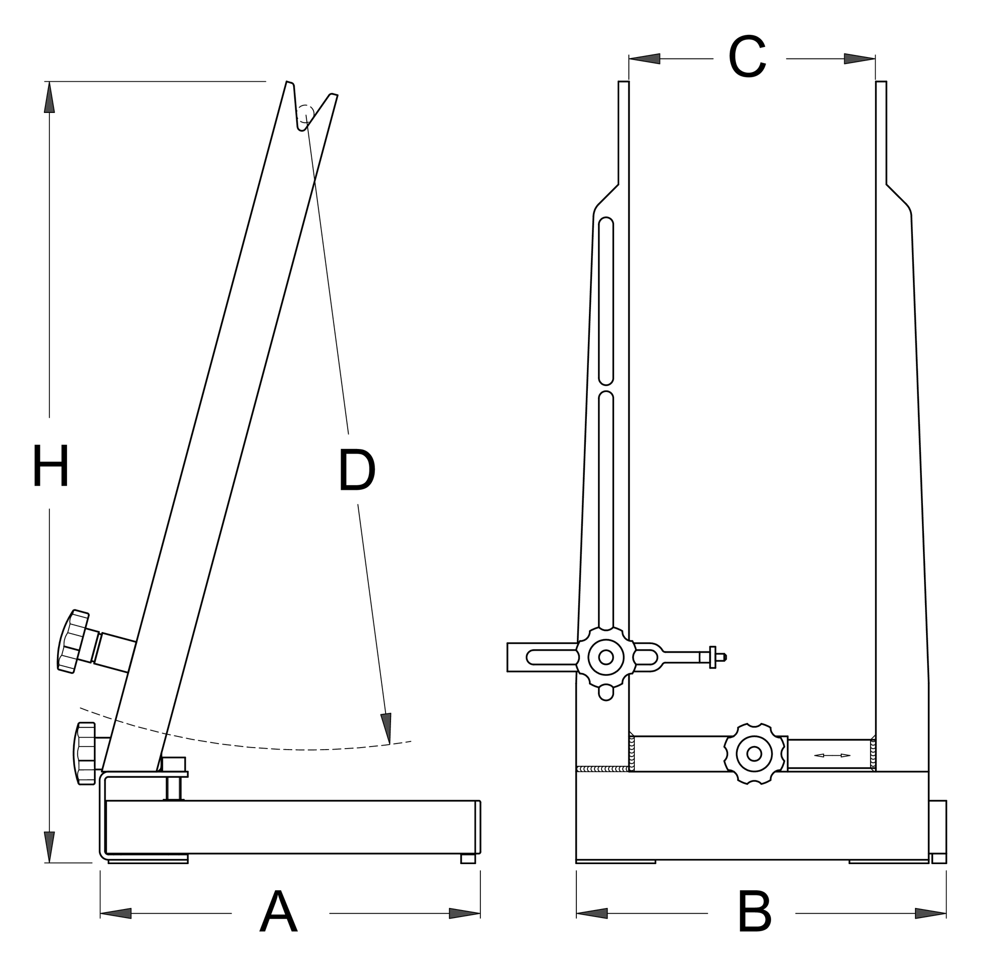 Unior Portable Truing Stand 1688 dimension drawing, side and front views with A, B, C, H, and D callouts