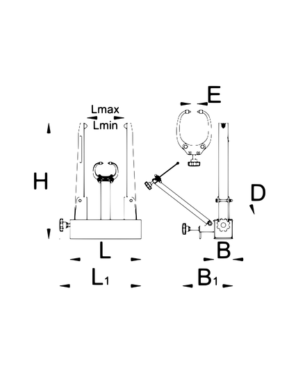 Unior Pro Truing Stand 1689 dimension drawing, front and side views with arm opening, height, base and hub clamp width callouts