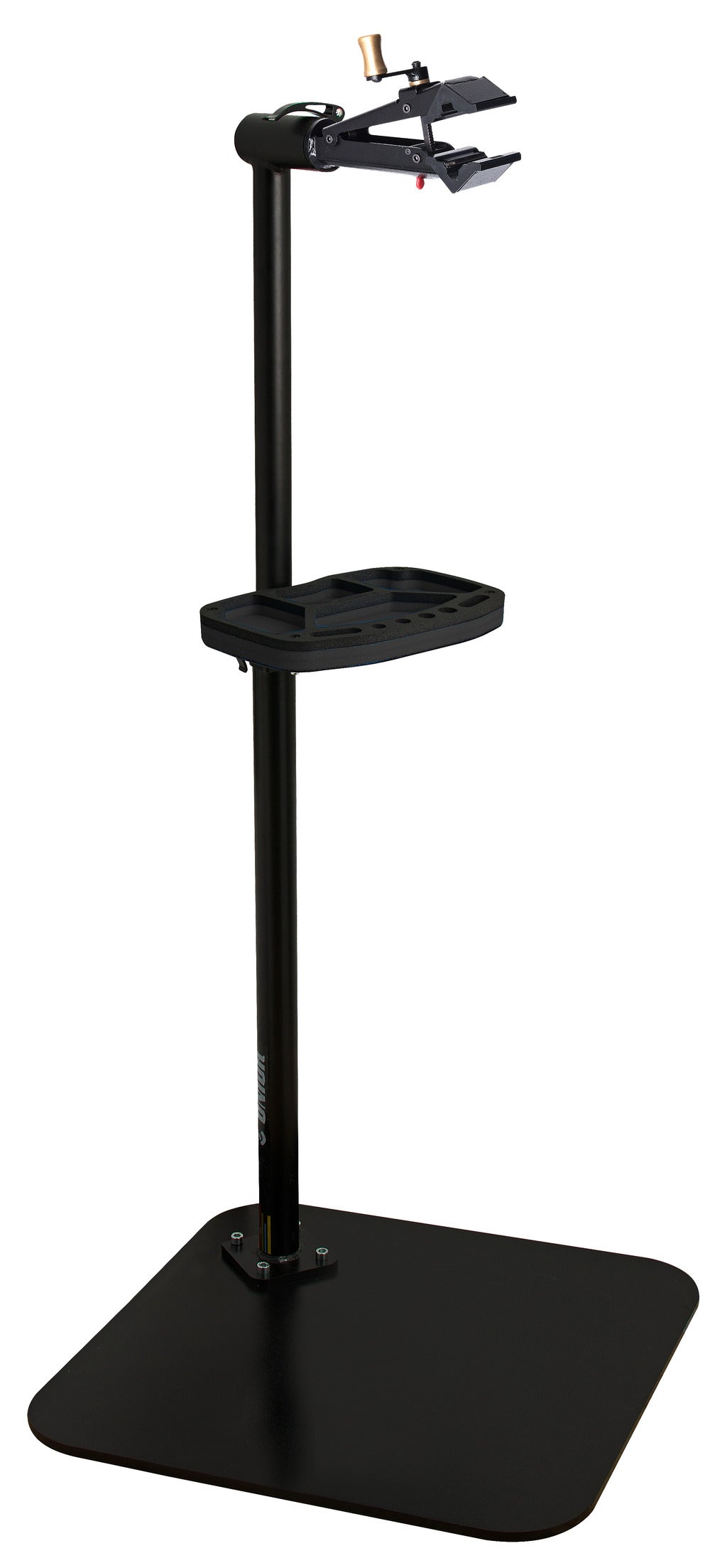 Unior single-arm professional repair stand in black, quick-release clamp head and tool tray on a square steel base