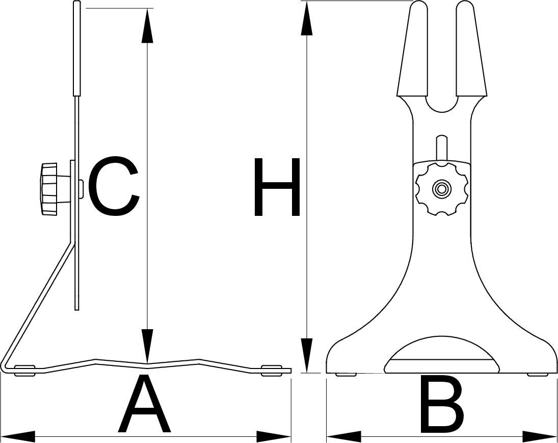 Unior 1693H dimension drawing, side and front views with A B C H callouts for the adjustable display stand