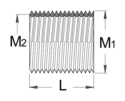 Unior 1695.3A pedal thread insert dimension drawing: M1 outer thread 5/8 inch x 24 TPI, M2 inner thread 9/16 inch x 20 TPI, length 16.3 mm