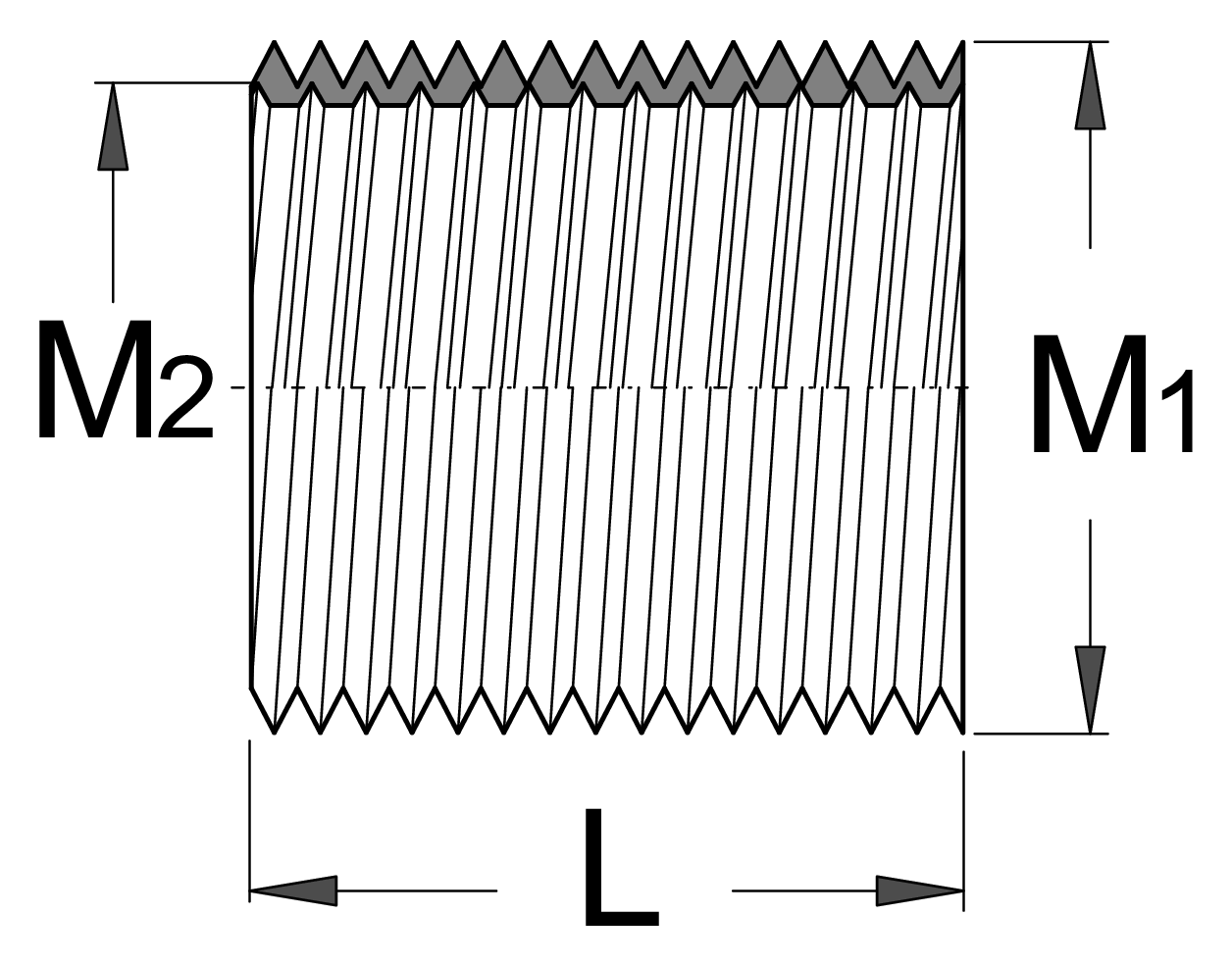 Unior 1695.4A left pedal thread insert dimension drawing showing M1 outer thread, M2 inner thread and L insert length callouts