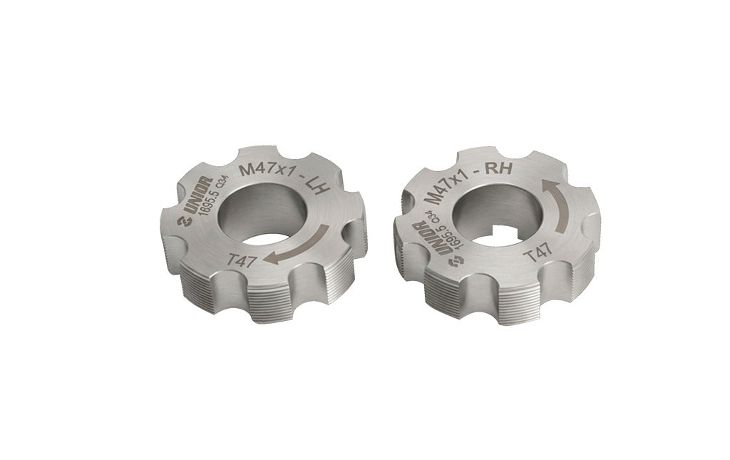 Unior Taps T47, pair of M47x1 LH and RH bottom bracket thread-cutting taps marked 1695.5 for T47 BB shells