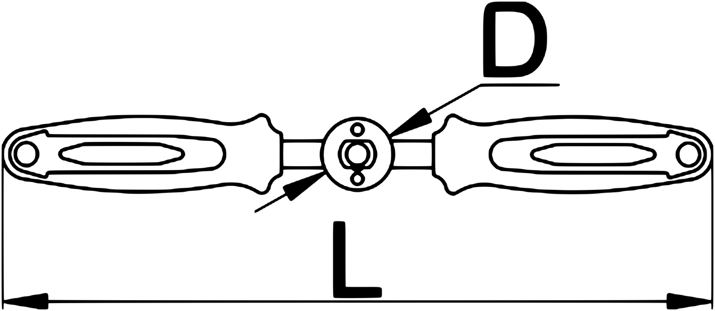 Unior 1695/4BI tap handle dimensional line drawing, D marking the square-drive hub diameter and L the overall length