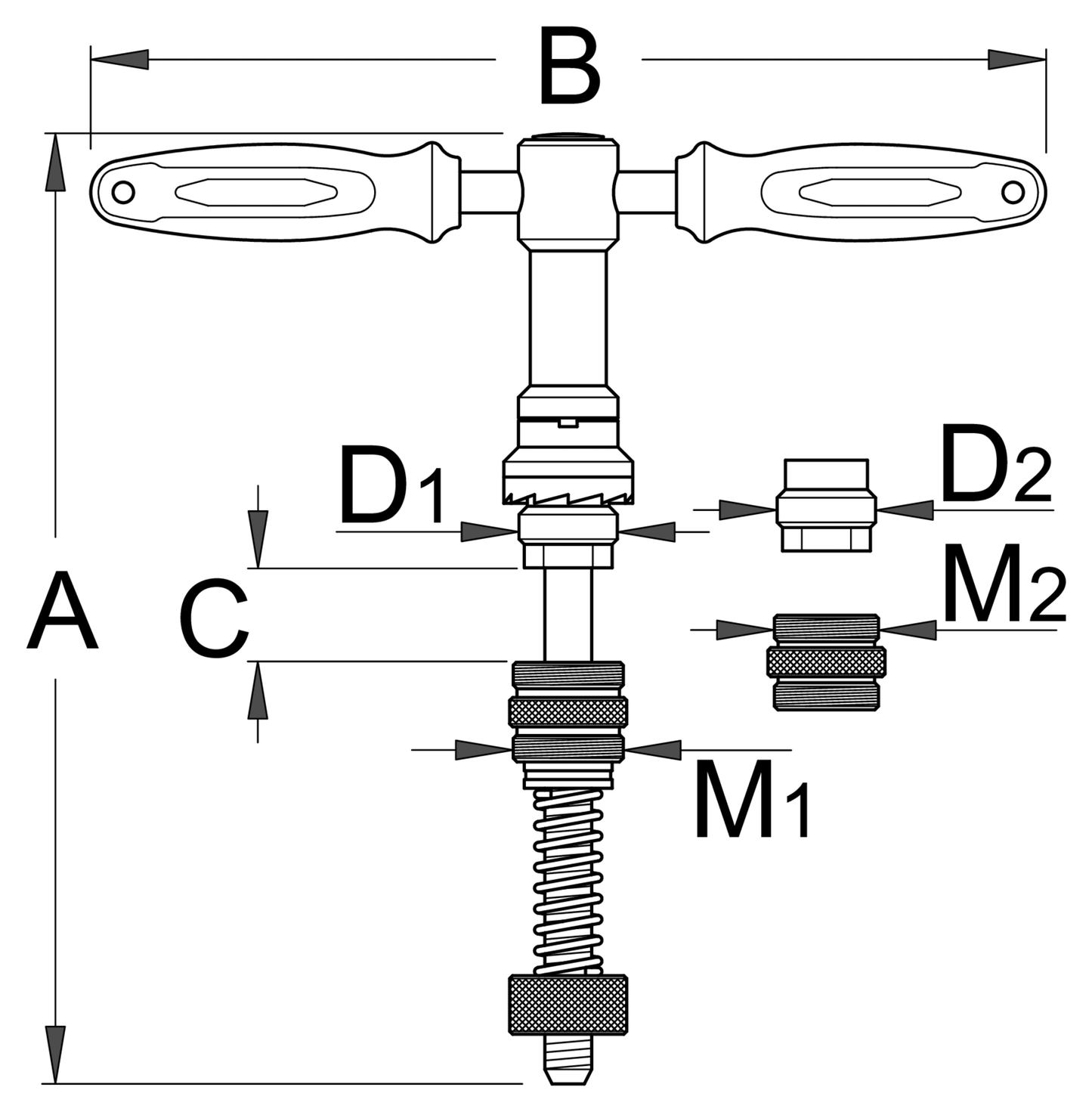 Unior 1699 bottom bracket facing tool dimensional line drawing with cutter, guide and adapter callouts