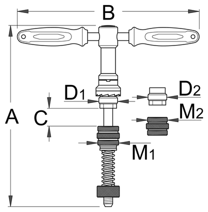 Unior 1699 bottom bracket facing tool dimensional line drawing with cutter, guide and adapter callouts