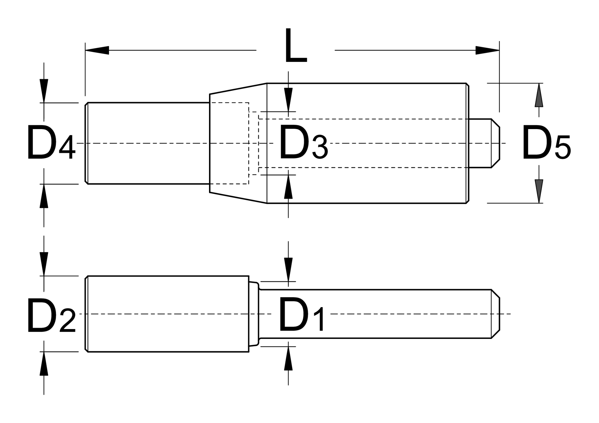 Unior 1701/5 dimension drawing: press body and extractor pin profiles with diameter callouts D1 to D5 and 76 mm overall length