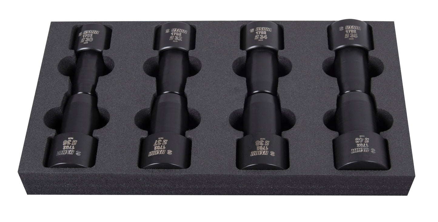 Complete Unior 1702 fork seal driver set — all eight reinforced-plastic drivers, stanchion sizes 30 to 40 mm, in the foam tray