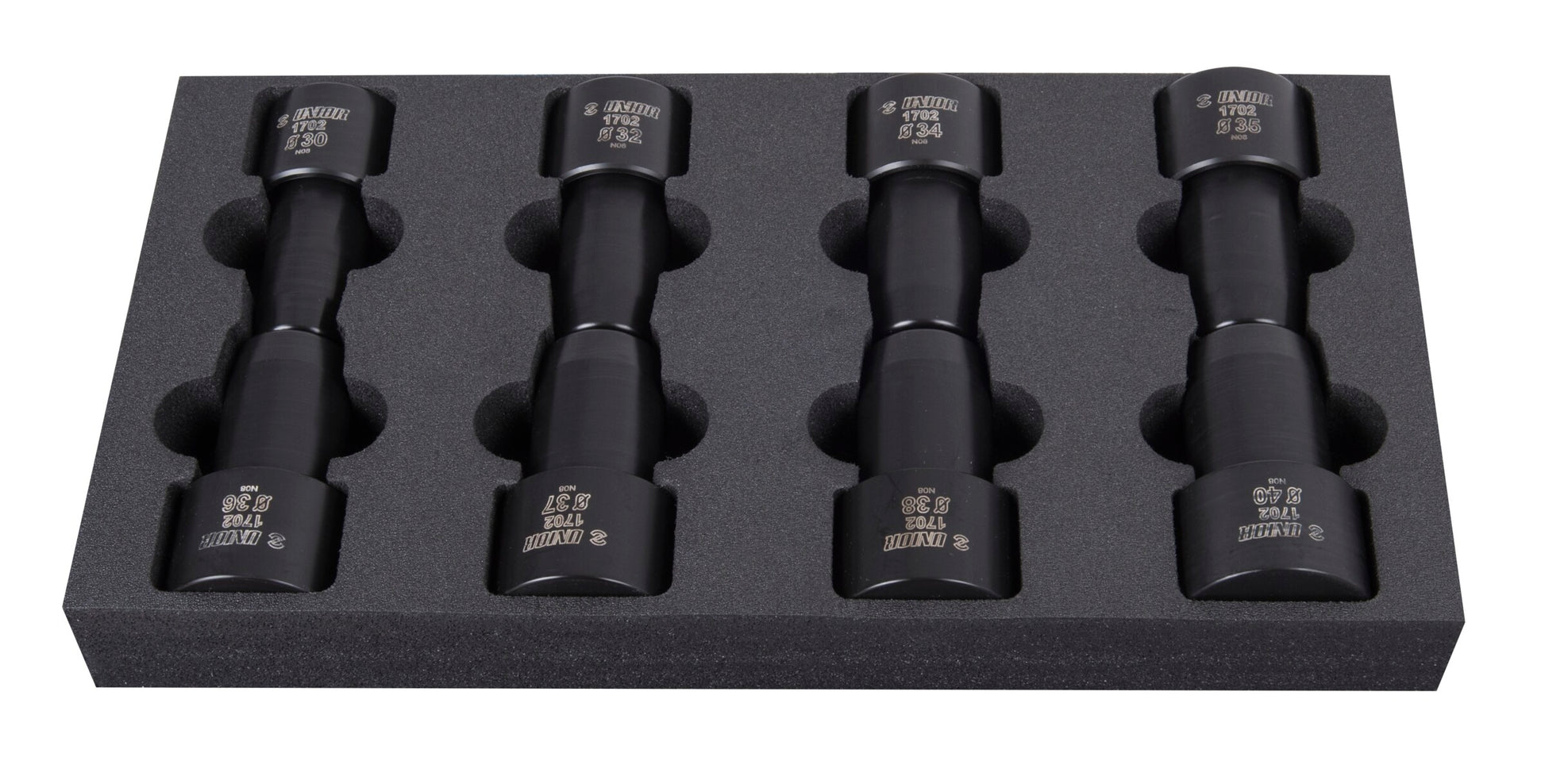 Complete Unior 1702 fork seal driver set — all eight reinforced-plastic drivers, stanchion sizes 30 to 40 mm, in the foam tray