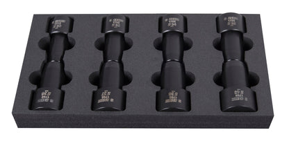 Complete Unior 1702 fork seal driver set — all eight reinforced-plastic drivers, stanchion sizes 30 to 40 mm, in the foam tray