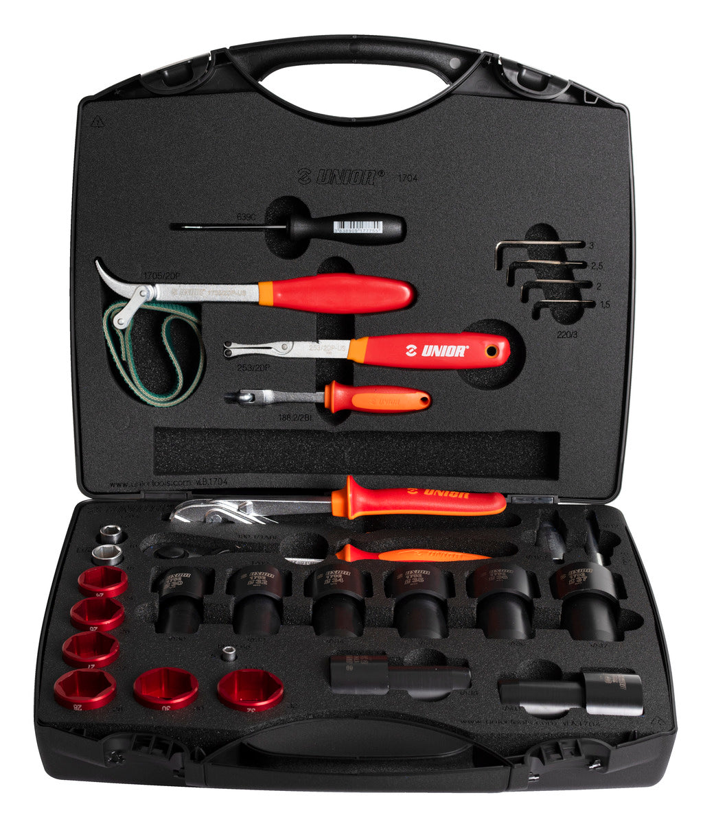 Unior Suspension Service Set 2.0 1704 case open with sockets, hex keys, strap wrench and red-grip drivers