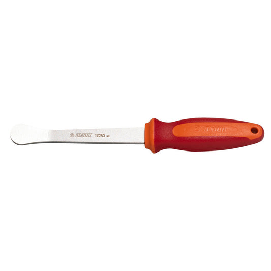Unior 1707/2 fork dust seal remover shown full length: flat steel blade with a rounded tip, red and orange handle