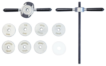 Unior 1721BB bearing press components laid out, threaded press shaft, T-handle and bushings for BB30, BB86/92 and DUB