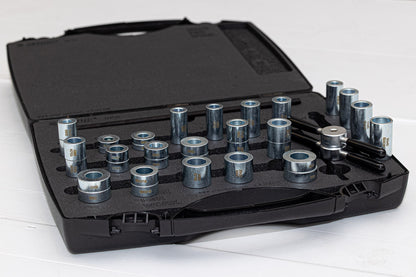 Over Axle Bearing Press Set case with steel press drifts and drawbar handles laid out across the foam tray
