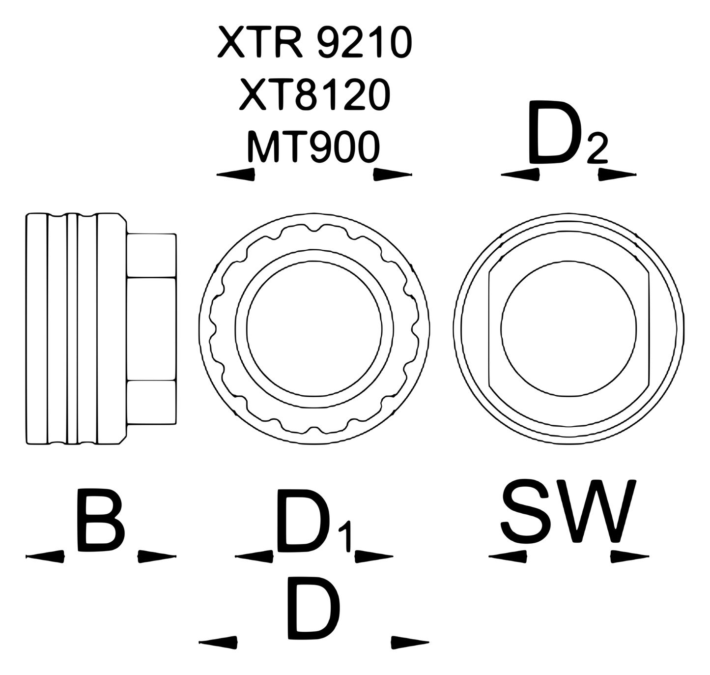 Unior 1723.SDL Shimano direct mount lockring tool dimension drawing with B, D, D1, D2 and SW callouts