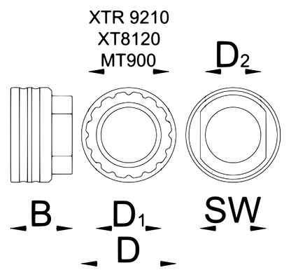 Unior 1723.SDL Shimano direct mount lockring tool dimension drawing with B, D, D1, D2 and SW callouts